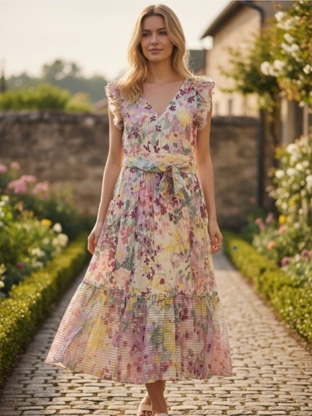 Kate Spade Pleated Floral Midi Dress Belted Flutter Sleeve Size 10 New W/O Tags - Picture 1 of 9